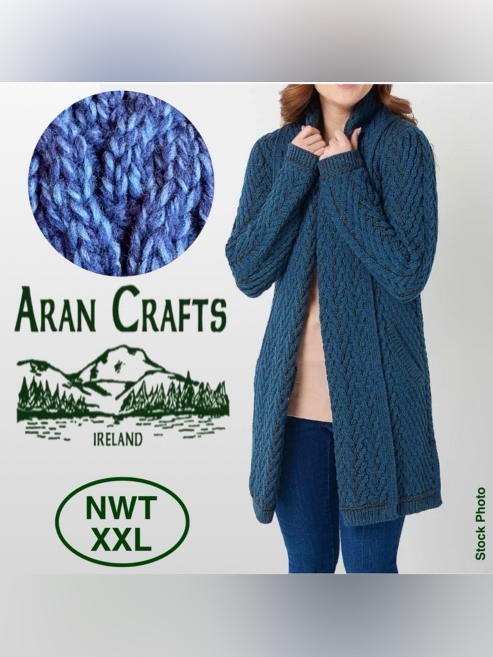 NWT Aran Crafts Blue Open-Front Merino Wool Sweater Cardigan (XXL 22W-24W) - Picture 1 of 17